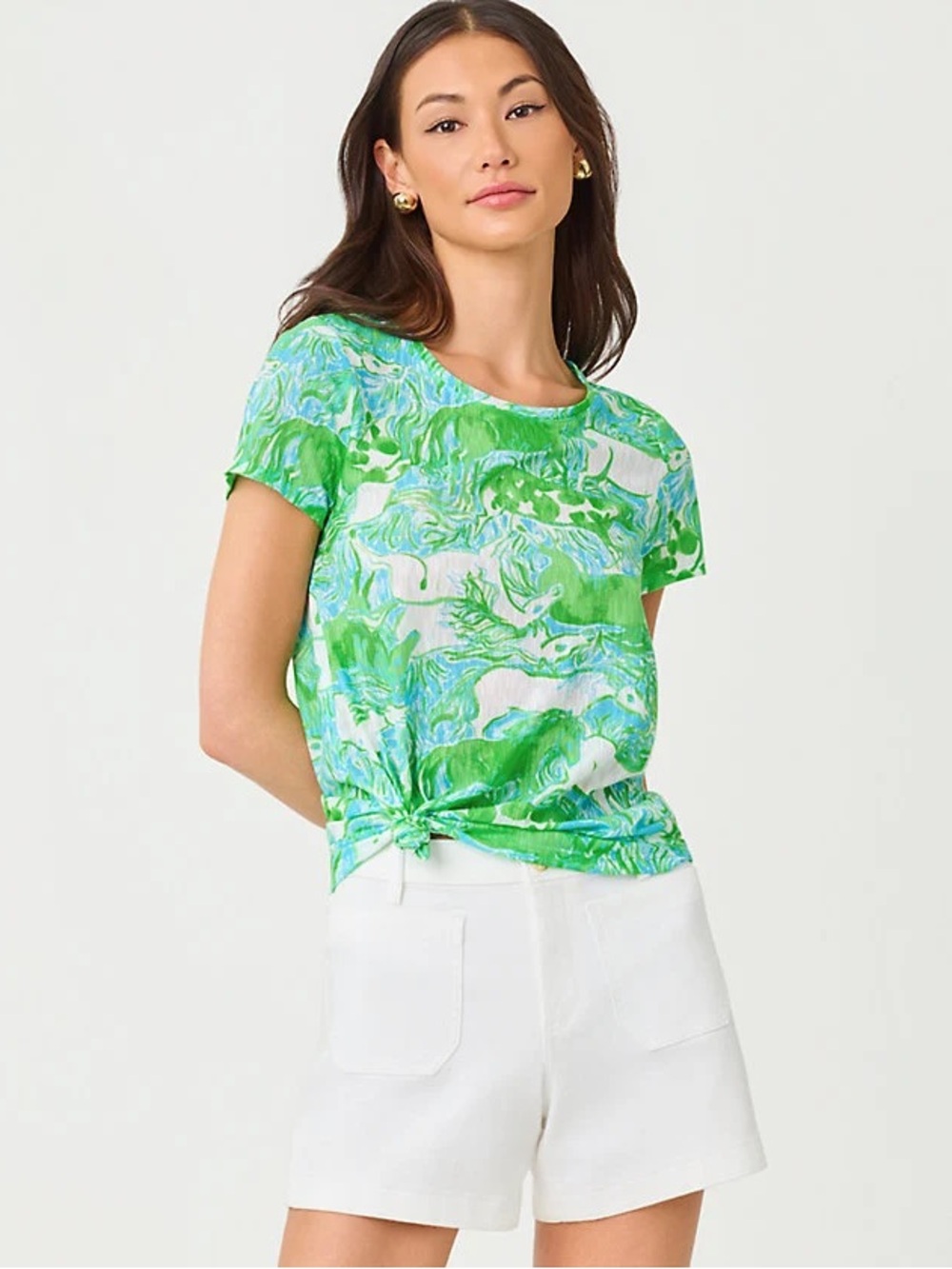 Lilly Pulitzer Etta Galloping Gals Capri Blue Cotton Cropped Top S Horse Print